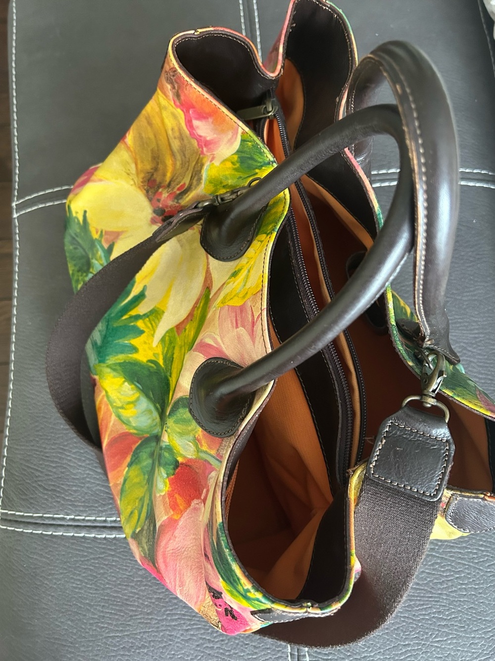Maurizio Taiuti Floral Leather Tote in Yellow, Pink & Green - Picture 7 of 12